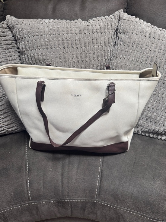 Coach Handbags - COACH White Leather Tote with Brown Trim and Straps